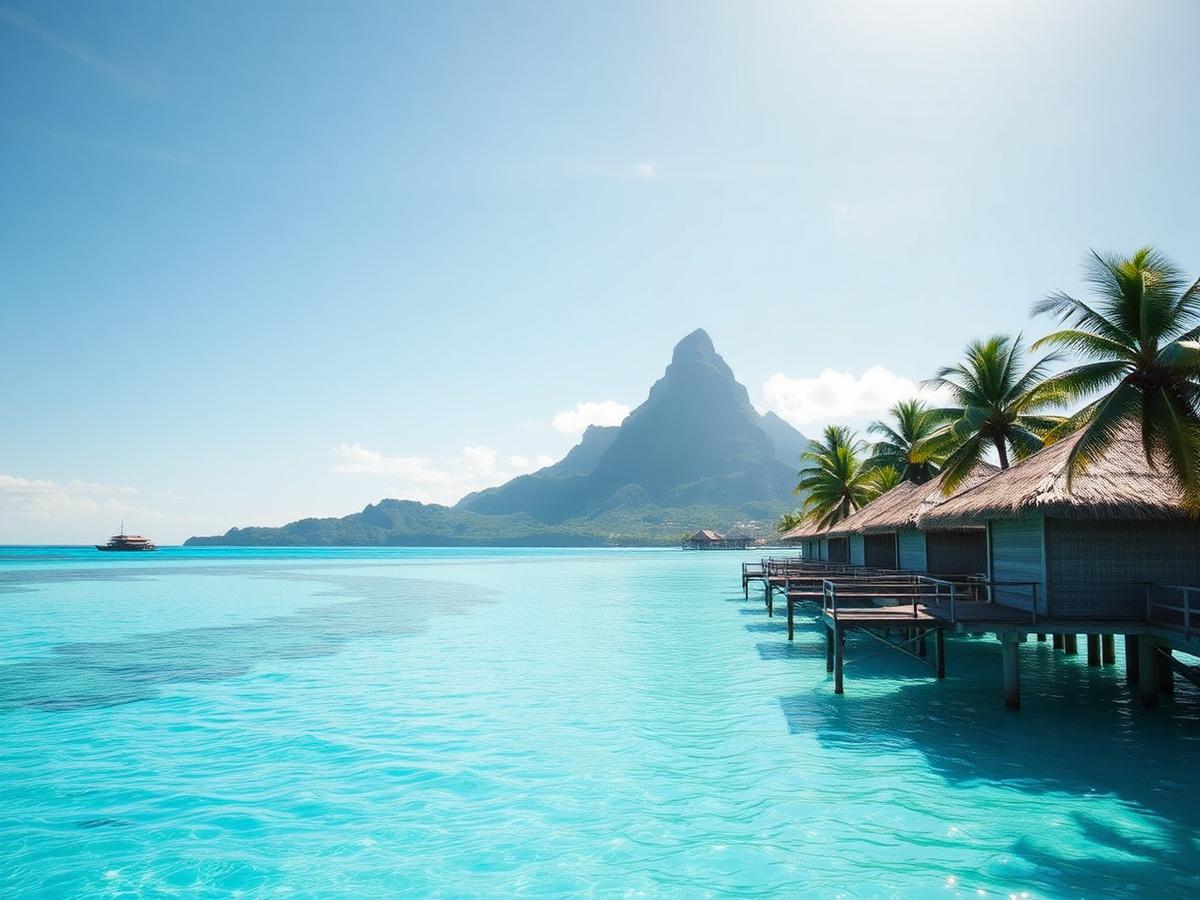 Bora Bora overwater bungalows on clear turquoise water
