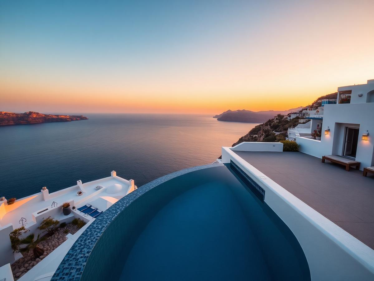 Whitewashed Santorini caldera suites overlooking the Aegean sea