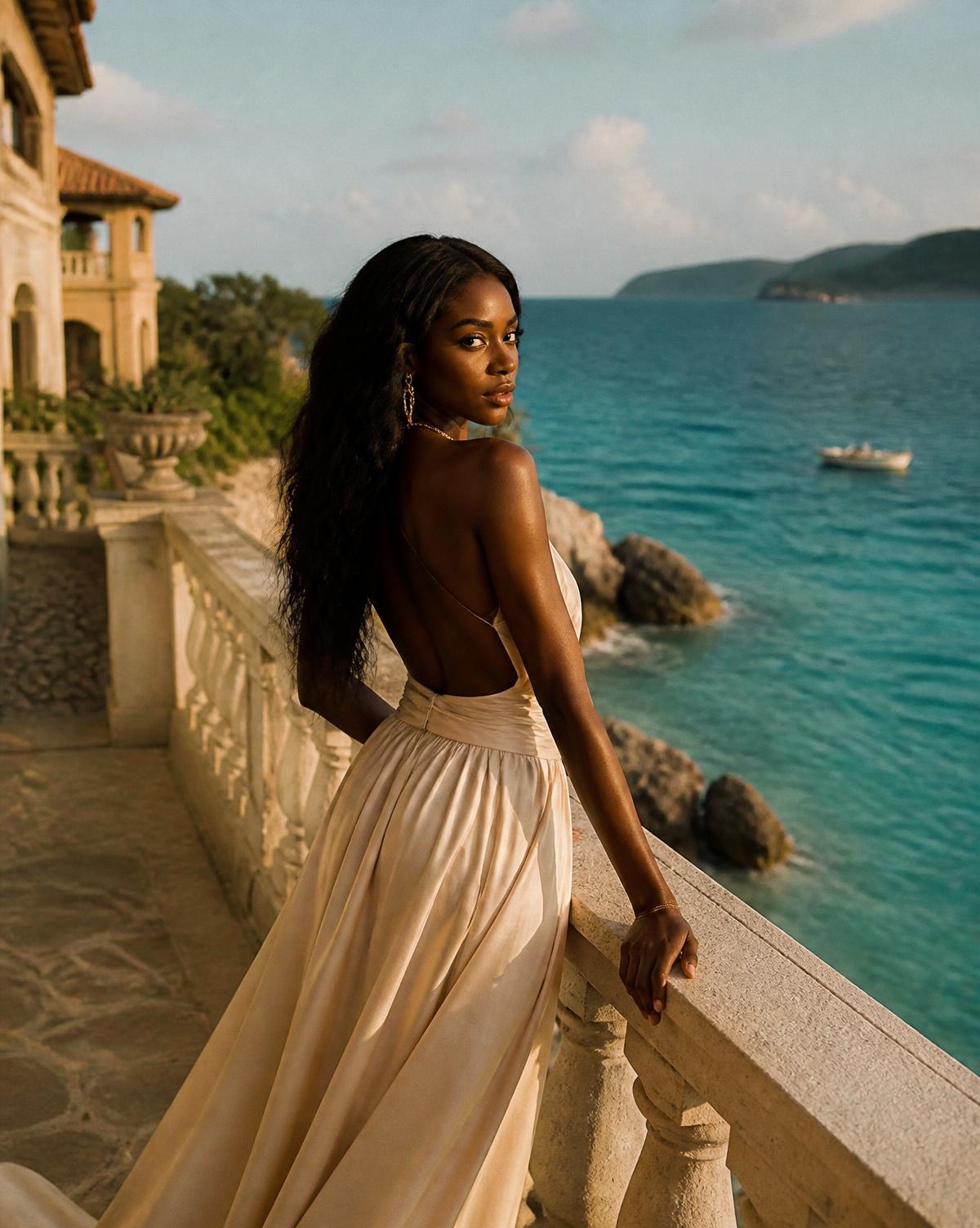 Black woman in a cream silk dress on an oceanfront villa terrace at golden hour