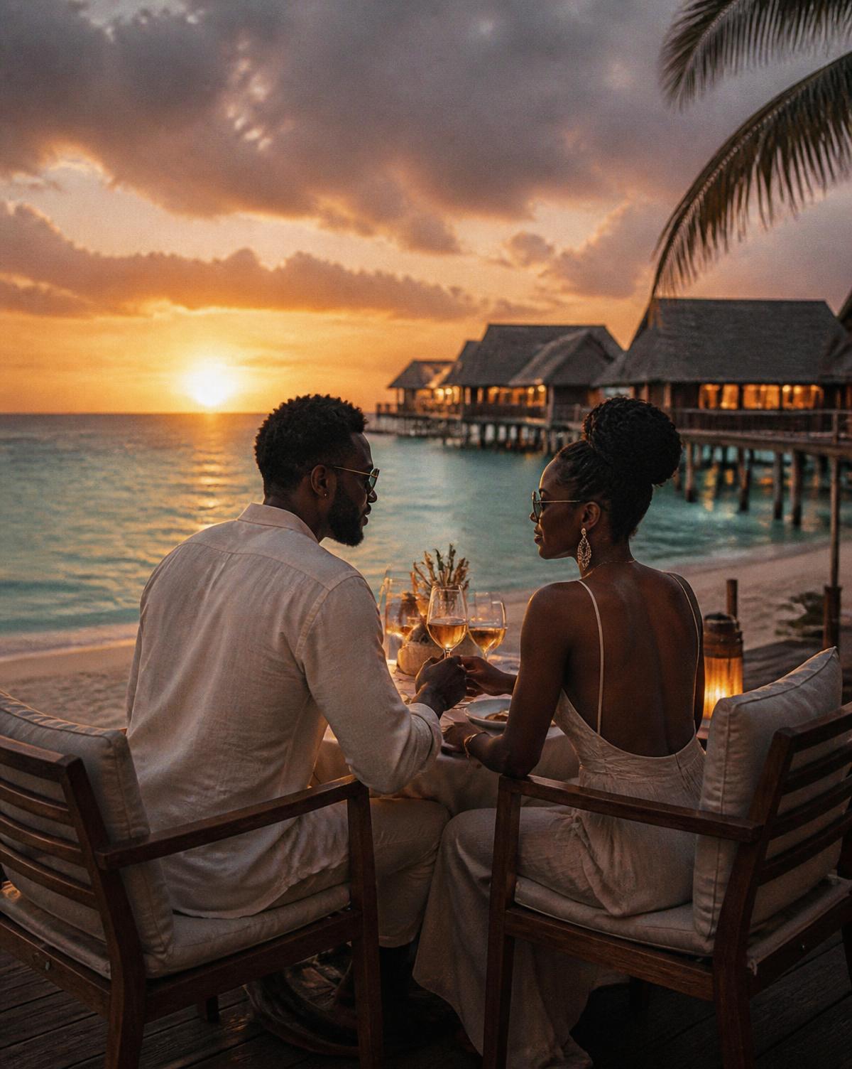 Black couple dining privately on a candlelit beach at sunset beside overwater villas
